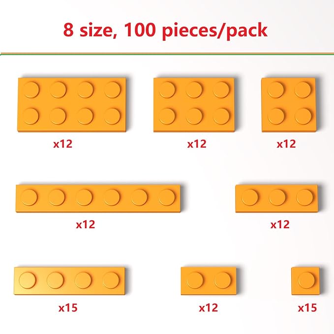 100 Pieces Classic Building Plate Assortment Pack, 8 Sizes Small Baseplates Multipacks, Compatible with Lego Parts and Pieces, Small Plate for Building(Color:Orange)