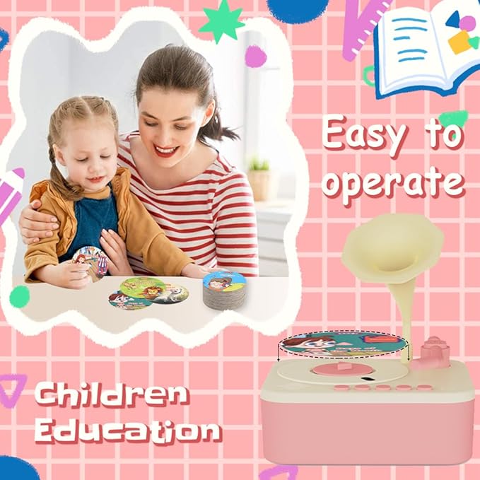 Retysaz Kids Phonograph with 96 Cards, Story Music Player Kids 3-6 Musical Sensory Toy boy Girl,Toddler Audio Pre-Kindergarten Toy Early Childhood Education Gift Birthday （Pink）…