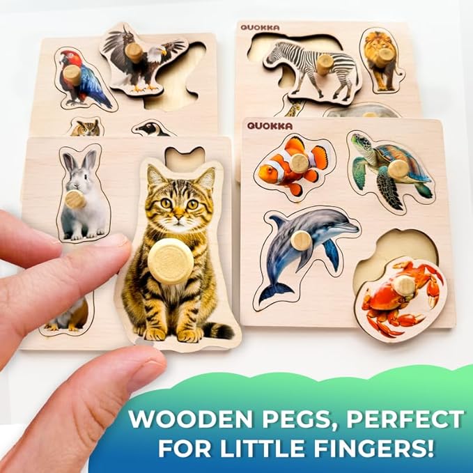QUOKKA Wooden Puzzles for Toddlers 1-3 – 4 Set Pegged Puzzles for Kids Ages 2-4 – Animal and Birds Learning Toy for Kids – Gift Realistic Educational Game for Boy and Girl