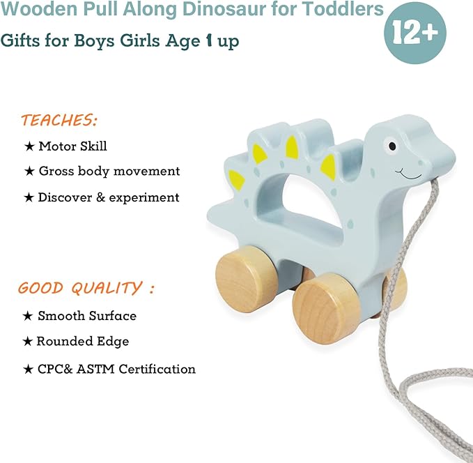 Baby Toys Car,Wooden Pull Along Toddler Toy, Developmental Toy for 1 Year Old Girl Boy Birthday Gift (Dinosaur)