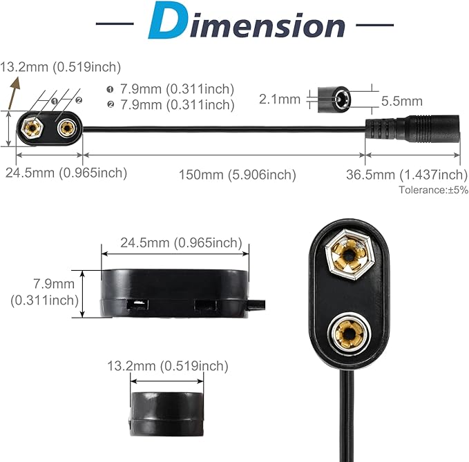 CHANZON UL Wires 9v Female Connector Battery Clip 2.1mm x 5.5mm Converter 9 Volt Power Eliminator Adapter Supply Plastic I Type 5 Pack Connection