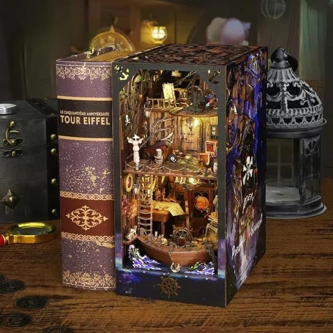 DIY Book Nook Kit Booknooks Bookshelf Insert Decor Miniature House Kits with Sensor Light 3D Puzzles Wooden Dollhouse Arts & Crafts for Adults/Teen Gifts (Aden)
