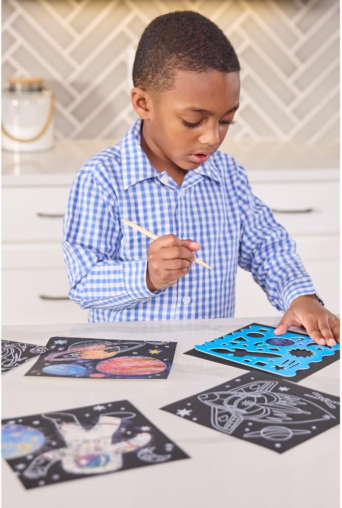 Crocodile Creek Space Sparkle Scratch Art for Kids - 16-Sheet Scratch Art Set with 10 Themed Sheets, 5 Blank Sheets, Stencil, and Stylus - Thoughtful Stocking Stuffers, Gifts, Art Supplies for Kids