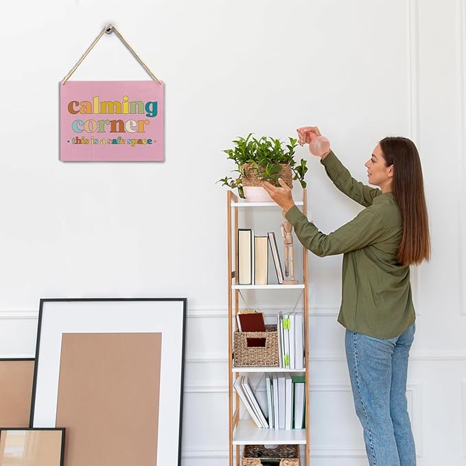Calming Corner Hanging Wood Sign Plaque - Safe Space, Classroom Decor, School Counselor Office, Calm Down Corner Decorations, Boho Decor (Pink), 10x8