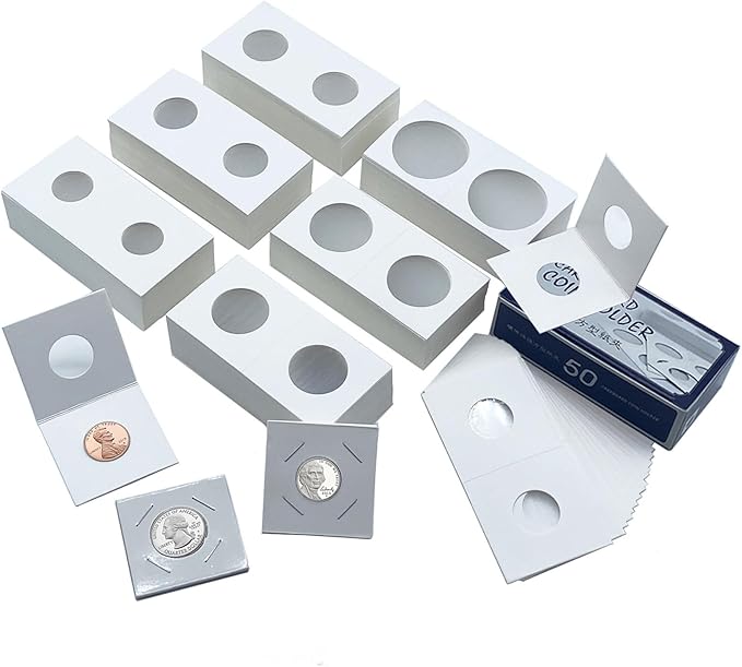 300 PCS Cardboard Coin Flips with 15 Sheets Coin Pocket Pages, 6 Assorted Sizes 2" x 2" Cardboard Coin Holders Coin Flips Coin Collection Supplies for Dime, Penny, Quarter, Nickels, Dollars Collecting