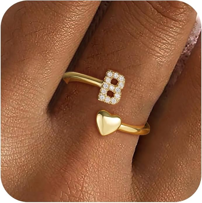 Gold Initial Rings for Women Girls, Dainty 14K Gold Plated Adjustable Initial Rings Cute Heart Zirconia Ring for Women Teen Girl Gifts