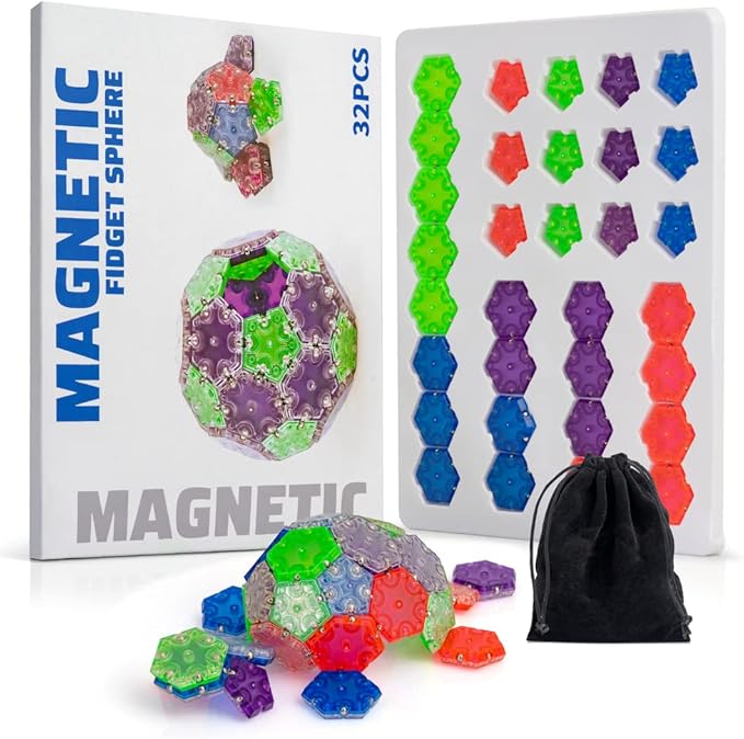 32 Pcs Magnetic Fidget Sphere with Storage Bag – 20 Hexagons and 12 Pentagons Multicolor – Satisfying Magnet Desk Toy for Adults