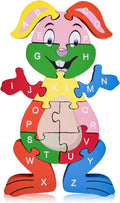 LovesTown Rabbit Wooden Puzzles, 26PCS Alphabet and Number Building Blocks Wood Jigsaw Puzzle for Kids Preschool, Medium