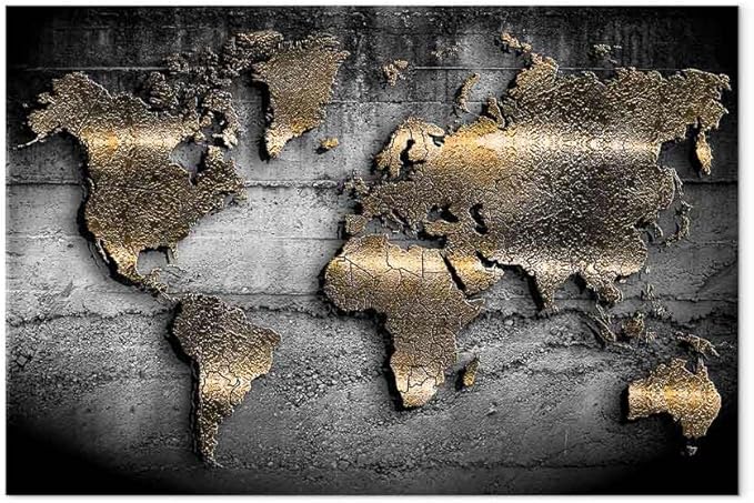 artgeist Canvas Wall Art Print World map 24x16 in - 1pcs Home Decor Framed Stretched Picture Photo Painting Artwork Image Prints map Continents Modern Art Black Gold Abstract k-A-0498-b-a
