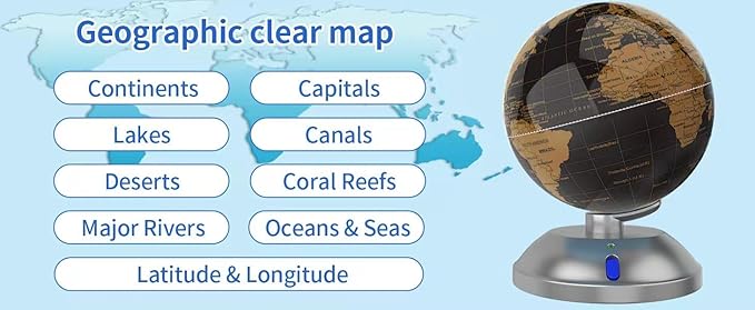 360-degree rotating globe, independently supported by a base, 9-inch design world blobe, built-in LED night light, high-definition color visual map details, suitable for children's geography education, study and office decoration, living room decoratio...