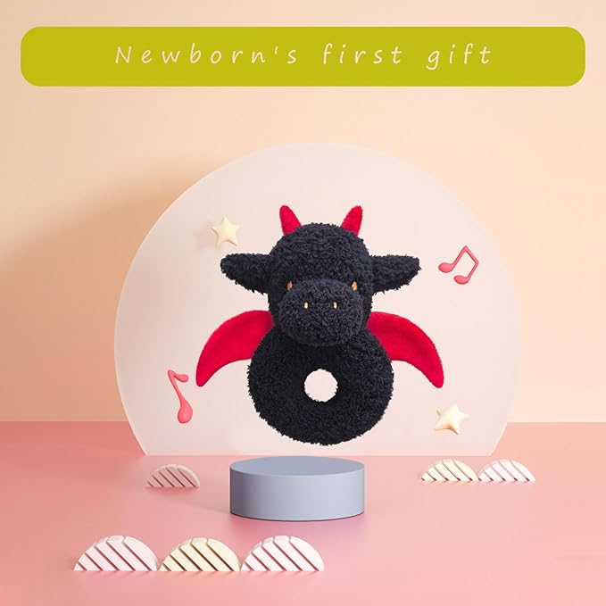 Baby Dragon Soft Rattle Toy, Plush Dinosaur Infant Shaker Rattle Easy-Grasp Stuffed Animal Toy, Gifts for Newborns Babies Toddlers Boys Girls, Black, 6 Inches