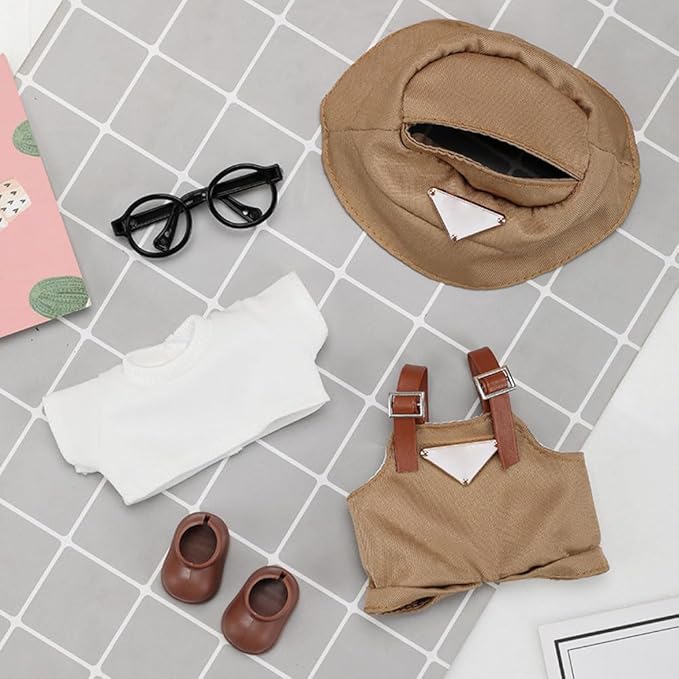 5 Pcs Set-17cm Doll Rabbit Bunny Clothes,Bucket Hat Sunhat+Glass Frame+Shirt+Overalls Trousers+Shoes,Fashionable Outfit for Dress up Unique Style, Doll Costume Cosplay Fashion Dresses-Set 5