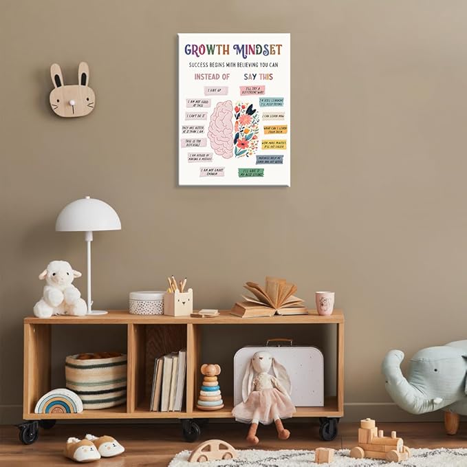 uoyien Growth Mindset Mental Health Posters Classroom Counseling Room Therapy Wall Decor Affirmations Quotes Canvas Wall Art Kids Special Educational Brain Neurodiversity Prints 16x22in Wood Framed