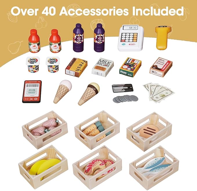 Kids Grocery Store Playset,Pretend Play Store Toy & Wooden Supermarket Shopping Cart with Toy Cash Register, Play Money&Blackboard;26PCS Food Toys Shop for 3+ year old boys girls toddler baby