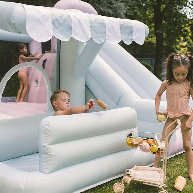PLAYSMOL Market Splash Water Slide Bounce House, Inflatable Water Slide with Climbing Wall & Sprinkler, Features Market Counter for Pretend Play, Ages 3-8