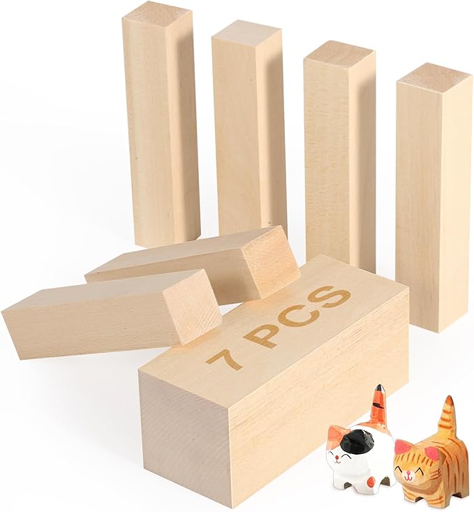 7 Pcs Basswood Blocks for Carving & Whittling - 2 Sizes (4x1x1 & 4x2x2 Inches), Premium Wood Set, Ideal for Crafts, Model Building, and Artisans (Carving & Whittling Wood)