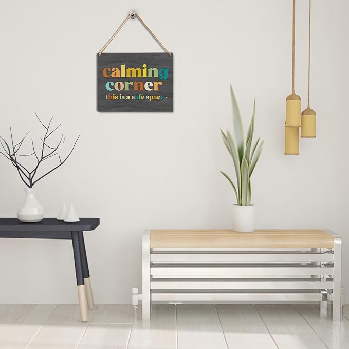 Calming Corner Hanging Wood Sign Plaque - Safe Space, Classroom Decor, School Counselor Office, Calm Down Corner Decorations, Boho Style (Gray), 10x8