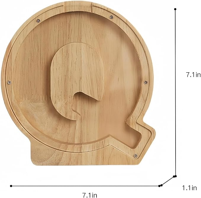 Wooden Alphabet Piggy Bank Clear Acrylic Panel Coin Savings Box Personalized Money Bank for Kids Boys Girls Adults, Birthday Home Décor(Q)
