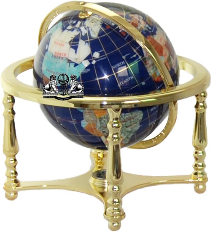 Unique Art Since 1996 13-Inch by 9-Inch Blue Lapis Ocean Table Top Gemstone World Globe with Gold Tripod, 220-GB-BLUE-GOLD