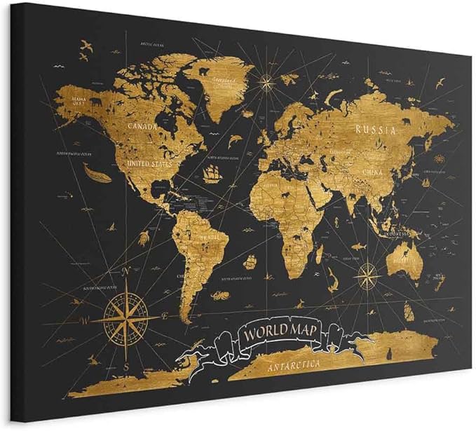 artgeist Canvas Wall Art Print World Map 24x16 in - 1pcs Home Decor Framed Stretched Picture Photo Painting Artwork Image Faux Wood Map of The World Continents Grey k-A-0490-b-a