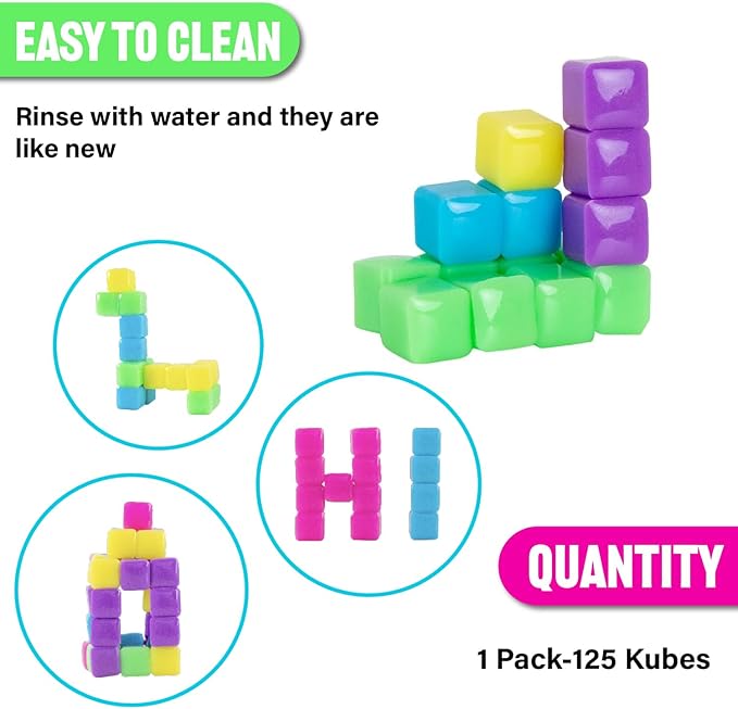 KOMARC GAMES StickiKubes, Mini Stacking Cubes That Stick to Anything, Non Toxic Kid Safe Sticky Blocks, Creative Construction Toy - 125 Cubes, 5 Neon Colors, Tub