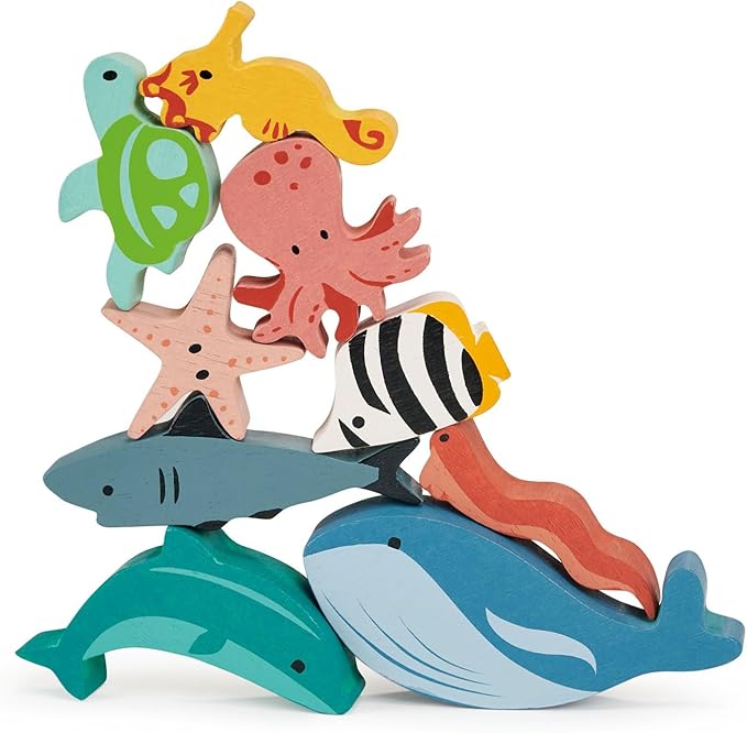 Mentari Toys - Happy Stacking Ocean - 9pc Wooden Stacking Toy for Toddlers - Colorful Sea Themed Balancing Activity Toy with Bag - Boost Fine Motor Skills and Dexterity - Educational Toy - Age 18m+