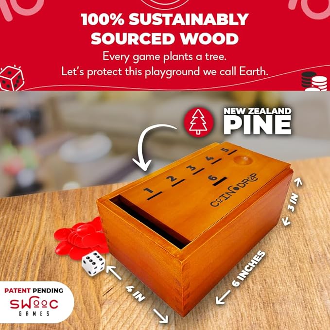 SWOOC Games - Coin Drop™ | Simple + Strategic Dice Games for Families with Coins Included for 2-6 Players | Works W/Pennies Too | Get Rid of Coins to Win | Board Games for Kids | Penny Game Wood Box