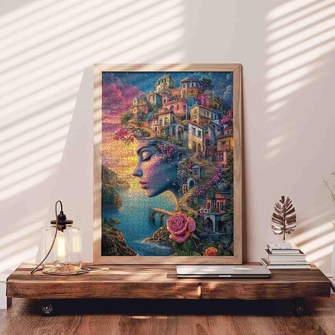 Portrait Woman 1000 Piece Jigsaw Puzzle Seaside House Landscape Jigsaw Puzzles for Adults Gifts Surreal Earth Girl Challenging Puzzle Perfect for Game Nights