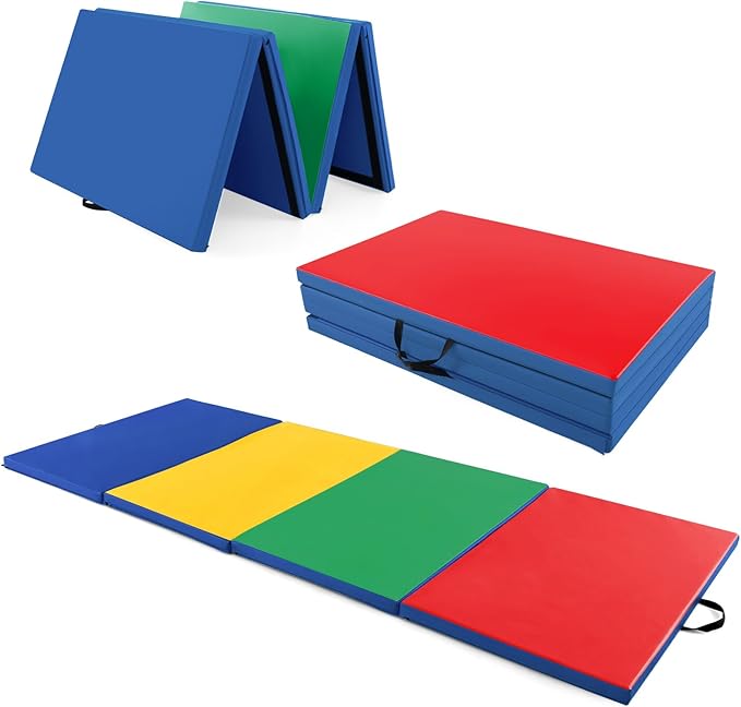 Giantex 4'x10'x 2" Gymnastics Mat, 4-Panel Folding Aerobics Exercise Mat w/Hook & Loop Fastener, Carrying Handle, Portable Tumbling Mat for Stretching Yoga Cheerleading Martial Arts