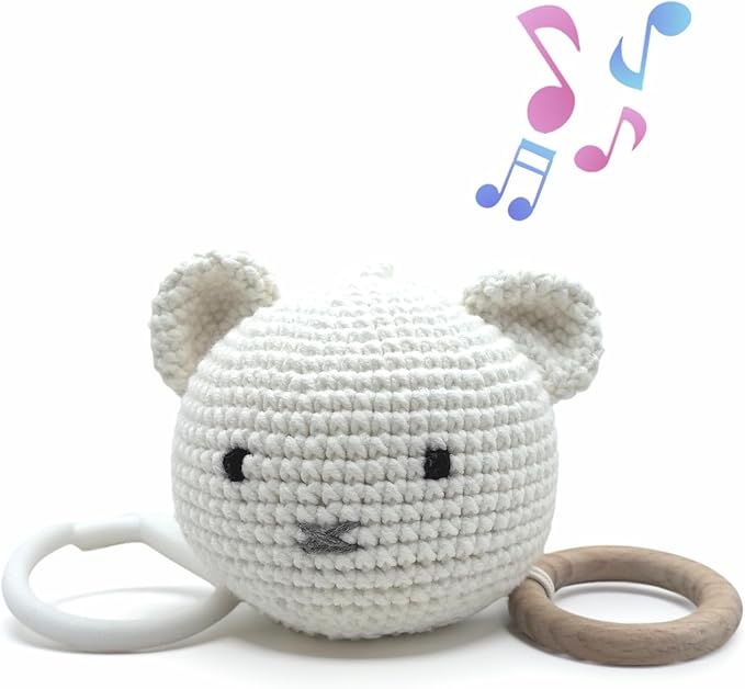 Baby Hanging Musical Box Toys, Soothing Musical Pulldown Toy with Wooden Teether, Crochet Musical Bear Head Toys for Newborn Infant Baby Toys for 0, 3, 6, 9, 12 Months