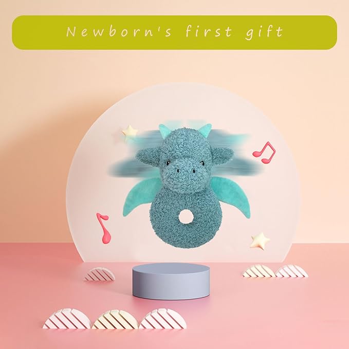 Baby Dragon Soft Rattle Toy, Plush Dinosaur Infant Shaker Rattle Easy-Grasp Stuffed Animal Toy, Gifts for Newborns Babies Toddlers Boys Girls, Cyan, 6 Inches
