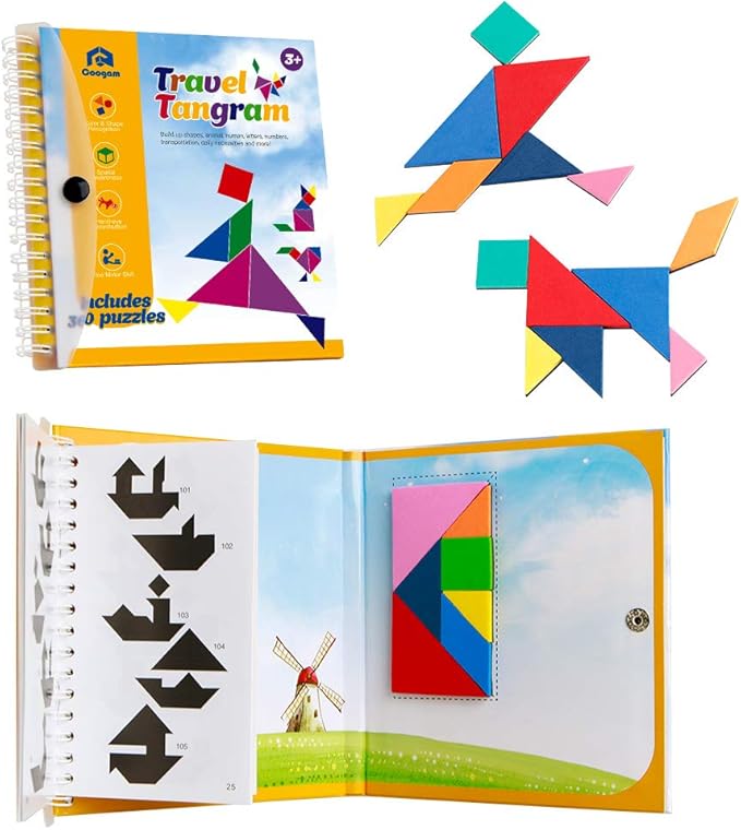 Coogam Travel Tangram Puzzle - Magnetic Pattern Block Book Road Trip Game Jigsaw Shapes Dissection STEM Games with Solution for Kid Adult Challenge - IQ Educational Toy Gift Brain Teasers 360 Patterns