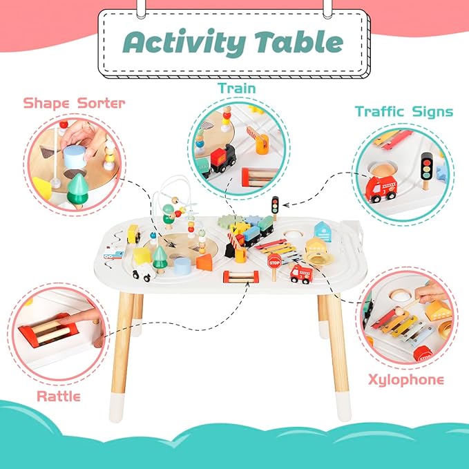 Baby Activity Cubes for Kids,Toddler Activity Cubes&Activity Center Table with Wooden Bead Mazes，Mini Toy Car,Gears&Blocks|Wooden Desk Play Table as Montessori Toy for 1 Year Old Boy Girl