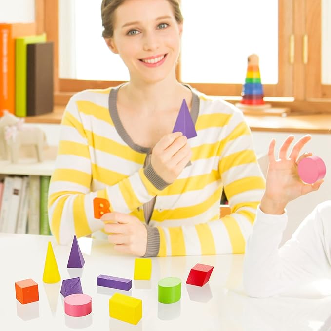 Deekin 18 Pcs Large 3D Shapes for Teaching Math Manipulatives Geometric Solids Blocks Montessori Learning Toys Blocks Solid for Preschool Elementary Kindergarten Home School Supplies (Wooden Shape)