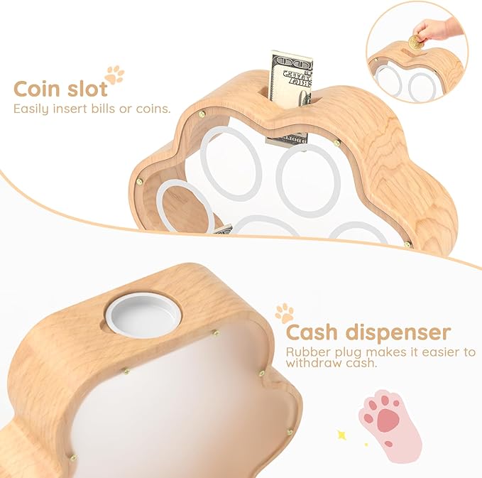 KMC Large Wooden Cat Caw Piggy Bank, Dog Paw Saving Money Box for Boy Clear Piggy Bank for Girl Large Initial Coin Bank Personalized Gift for Birthday and Festival(Natural)