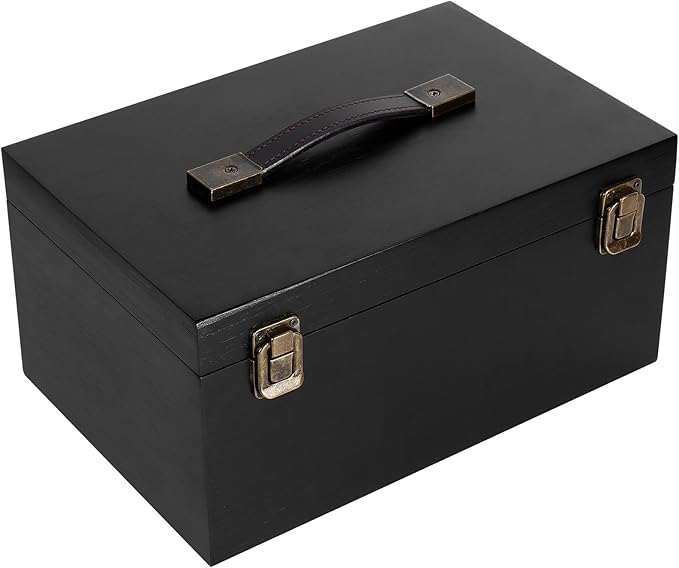 ANMINY Wooden Keepsake Memory Box with Lid Bamboo Wood Storage Box with Hinged Lid & PU Leather Handles Large Decorative Wooden Chest Box for Crafts Stash Gifts - Black, 11.8" L x 7.8" W x 5.9" H