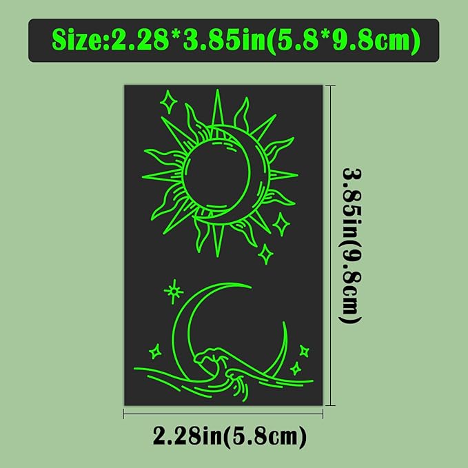 Luminous Temporary Tattoos for Adults, 60 Sheets Glow In The Dark Fake Tattoos for Face Hands, Lines Flowers Stars Moon Bohemian Design
