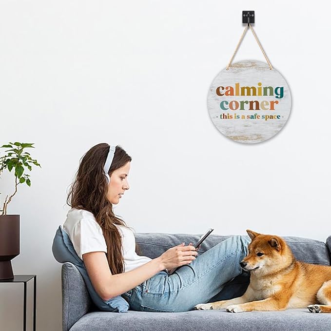 Calming Corner Hanging Wood Sign - Safe Space, School Counselor Office, Calm Down Corner, Boho 10x8 Round Plaque White