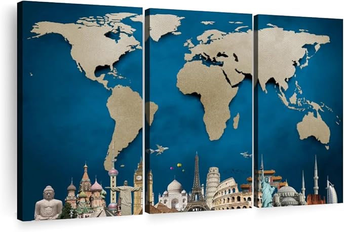 ElephantStock Ocean Blue World Map Multi Piece Canvas - 3 Panel Wall Decor - Map of the World Art - Canvas for the Office and Home - 57" X 36"