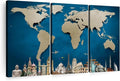 ElephantStock Ocean Blue World Map Multi Piece Canvas - 3 Panel Wall Decor - Map of the World Art - Canvas for the Office and Home - 23" X 14"