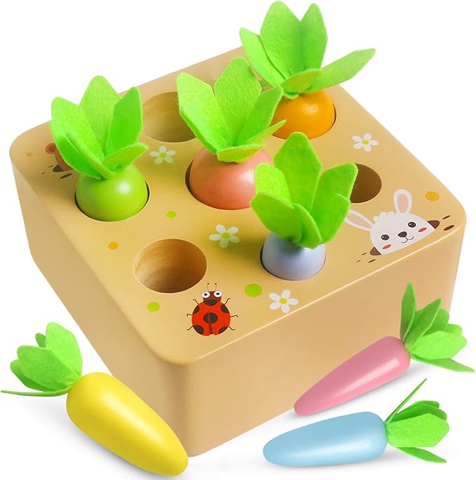 Skrtuan Wooden Toys for 3 Year Old Toddlers Baby Boys and Girls, Montessori Toy Carrot Harvest Game Shape & Sorting Matching Puzzle, Educational Developmental Birthday Gifts for Babies
