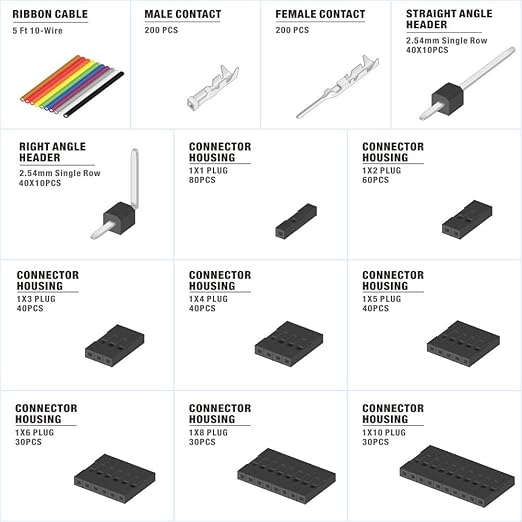 IWISS 1550PCS 2.54mm Pitch Dupont Connector Kit, Includes Pin Headers, Jumper Wire, Crimp Pins for RC Servo, Arduino, SMT, SATA, EPS, PCIe, Battery Balancer