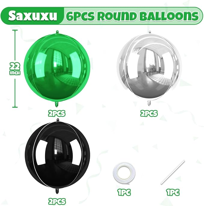 Green Silver Black Giant Foil Balloons, 6 Pcs Large Metallic Green and Black Round Balloons, 22 Inch Big Round Foil Balloon for Birthday Party Baby Shower Graduation Prom Wedding Decorations