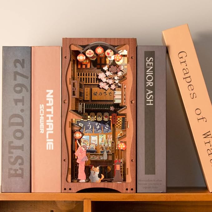 Fsolis Book Nook Kit, 3D Wood Puzzles for Adults, 214pcs, DIY Miniature House Kit Booknooks Japanese Decorative Bookends for Bookshelf (Under The Sakura Tree)