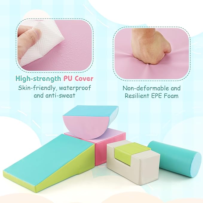 Costzon Toddler Climbing, 6 Pieces Climb and Crawl Playset with PU Cover for Baby Crawling, Climbing & Walking, Indoor Foam Climbing Blocks for Toddlers (Light Green)