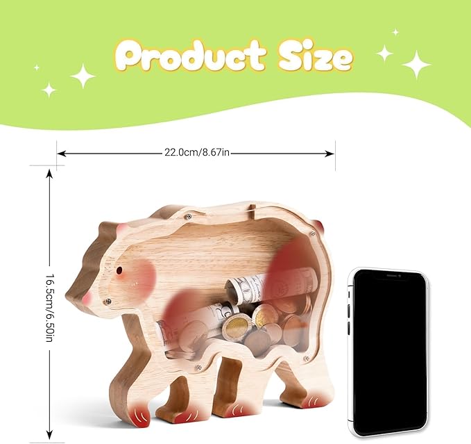 Wooden Bear Piggy Banks for Kids, Cute Unbreakable Money Coin Bank Jar, Safe Money Box, Transparent Saving Jar, Birthday Anniversary Baptism Gifts for Boys Girls Toddler Bear Lovers