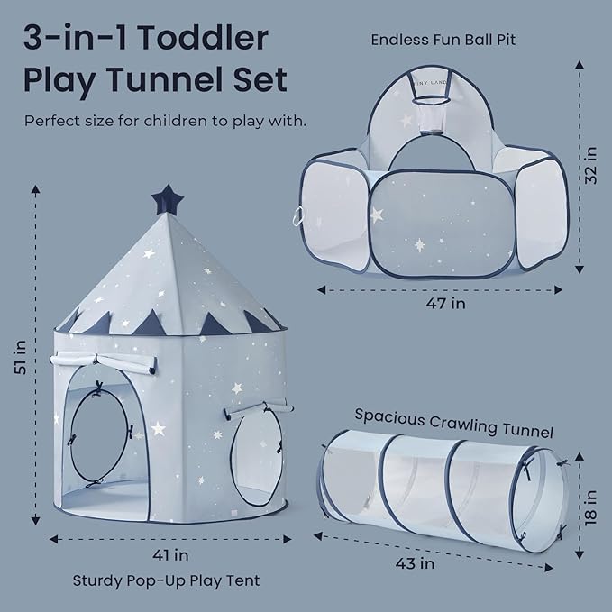 Tiny Land 3-in-1 Baby Tunnel for Toddlers with Ball Pit & Play Tent, Pop Up Crawl Tunnel for Kids, Indoor/Outdoor Play Tunnel, Foldable Baby Crawling Tunnel Toy (Blue)