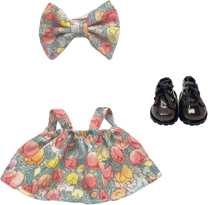 Clothes for 17cm Doll (Clothes Only) – 3-Piece Set with Floral Dress, Bow Headband, and Shoes for a Unique Dressed-Up Look – Fashion Handmade Accessories for Doll