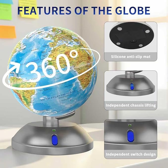 360° rotating globe, independently supported by a beautiful silver plastic base with a switch, 9-inch design, built-in LED night light, color high-definition visual map details, children's geography education, study and office decoration, living room d...