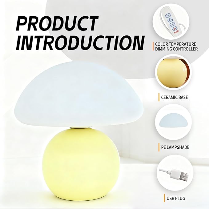 Aesthetic Room Decoration, Bedroom nightstand lamp, Yellow Mushroom Table lamp, Small lamp, Warm Light ambiance, Special lamp for Bedtime Reading/Nighttime Navigation